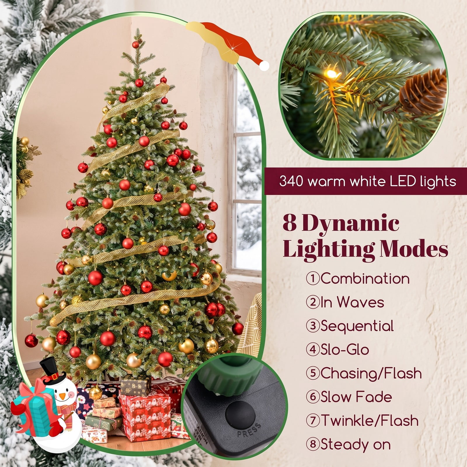 RUIE 7 FT Artificial Christmas Tree with 340 Warm White LED Lights and 69 Pine Cones, Pre-Lit Hinged Xmas Tree with Metal Stand for Home Office Holiday, Green