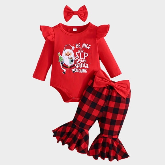 TITKKOP Baby Girl First Christmas Set – Santa & Letter Print Long Sleeve Bodysuit with Plaid Bell Pants Wine Red,0-3 Month