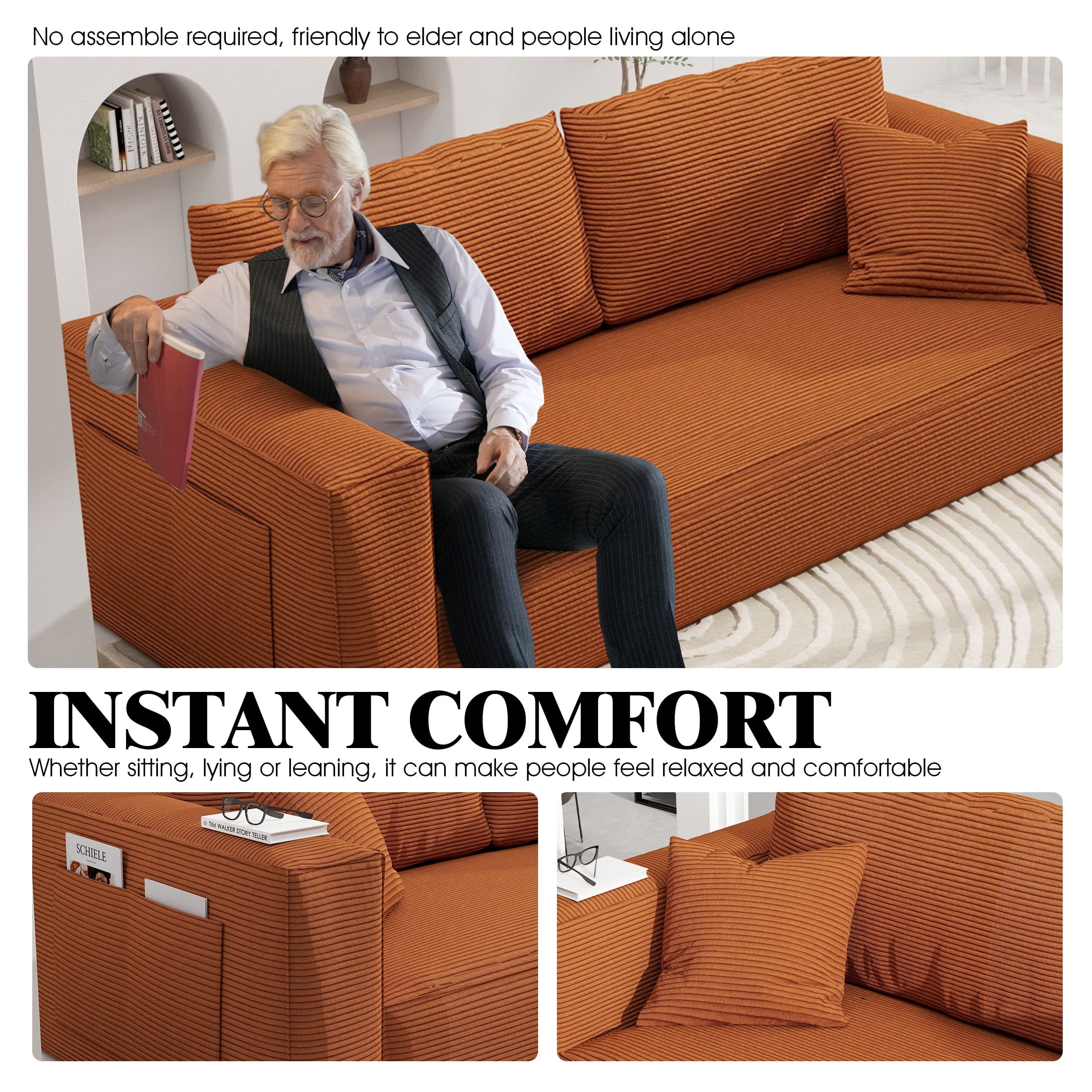 DEALTOPS 88" Loveseat Sofa, 3 Seater Pure Sponge Foam, Corduroy for Living Room, Easy Assembly，Orange