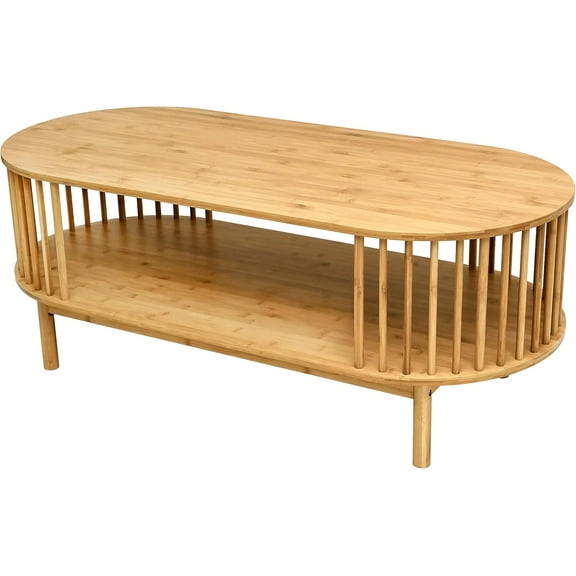 Utoplike Bamboo Coffee Table, Oval End Table for Living Room, 2 Tier Side Table with Storage Shelf