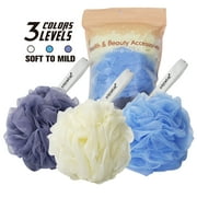 EvridWear Exfoliating 3 Bath Loofahs Sponges Poufs for Shower Cleansing (Softer to Mild)