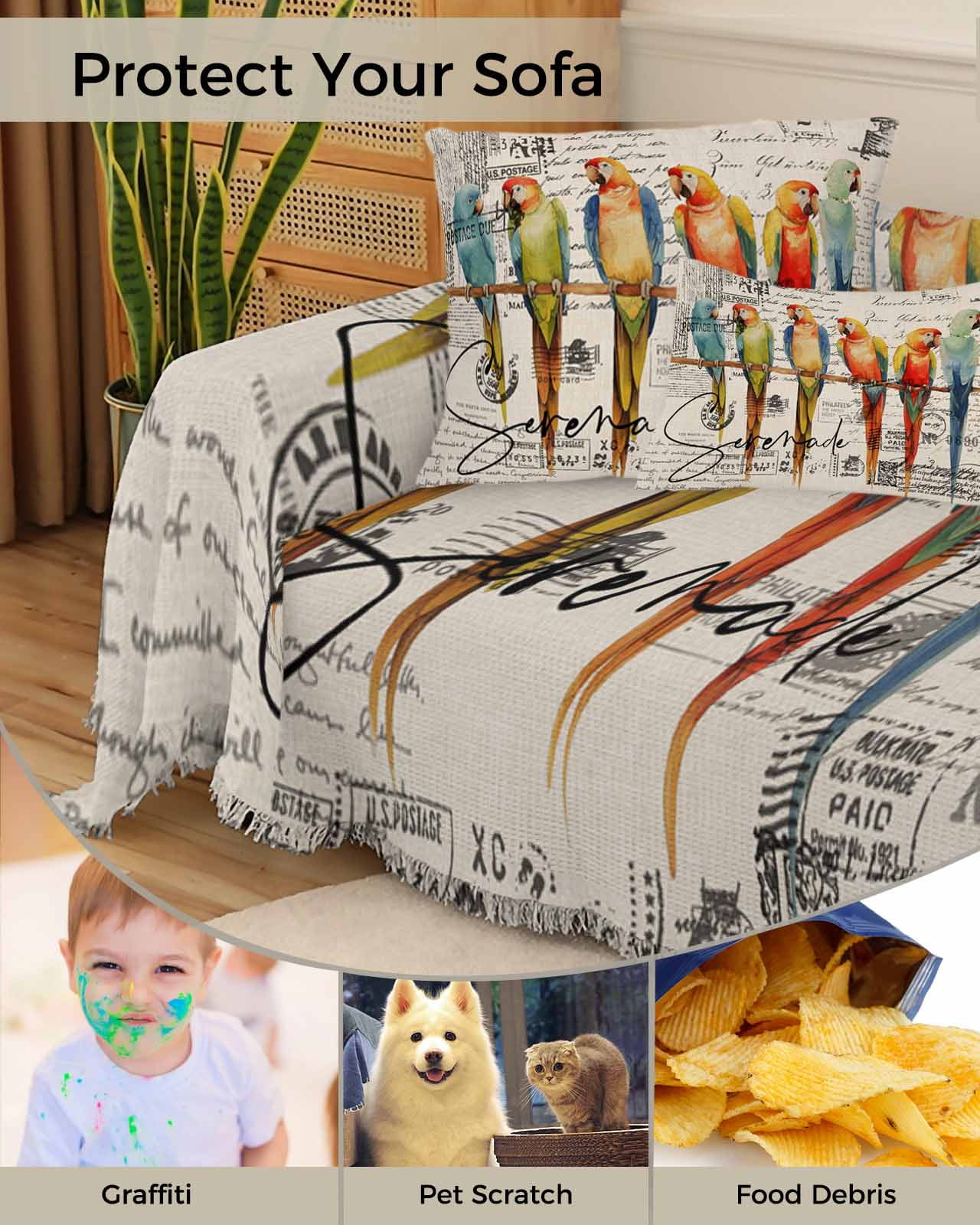 Parrots Beige Sofa Couch Covers for Dog,Washable Sofa Throw Cover Single Slipcoverfor Armchair,Vintage Colorful Tropical Animal Bird Newspaper Couch Protector Towel Blanket Medium 71x91