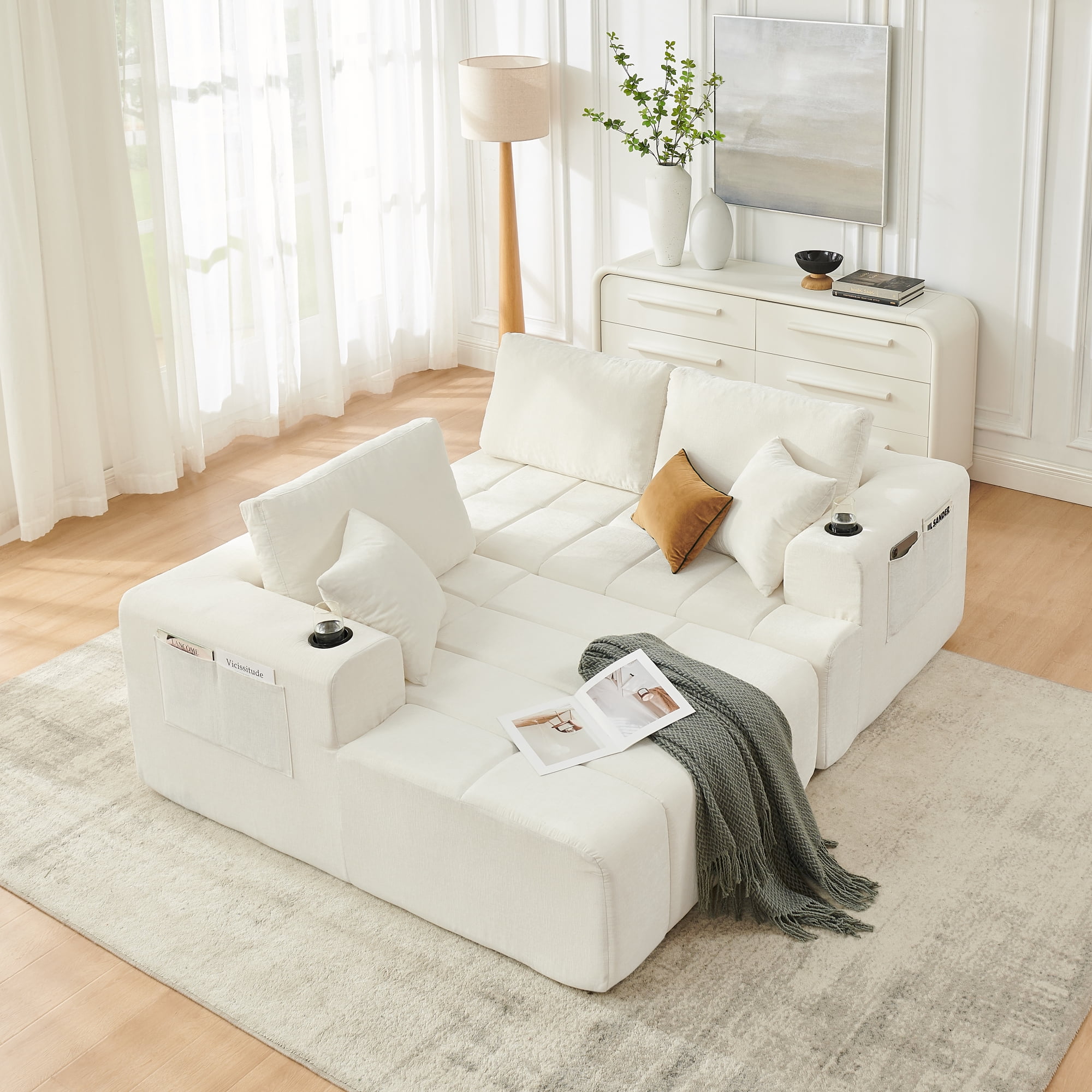 Leumius 108" L-Shaped Sectional Sofa,Chenille Boneless Couch, Modern 3-Seat Upholstered Cloud Couch Sectional with Deep Seat and Cup Holders for Living Room,No Assembly Required,Beige
