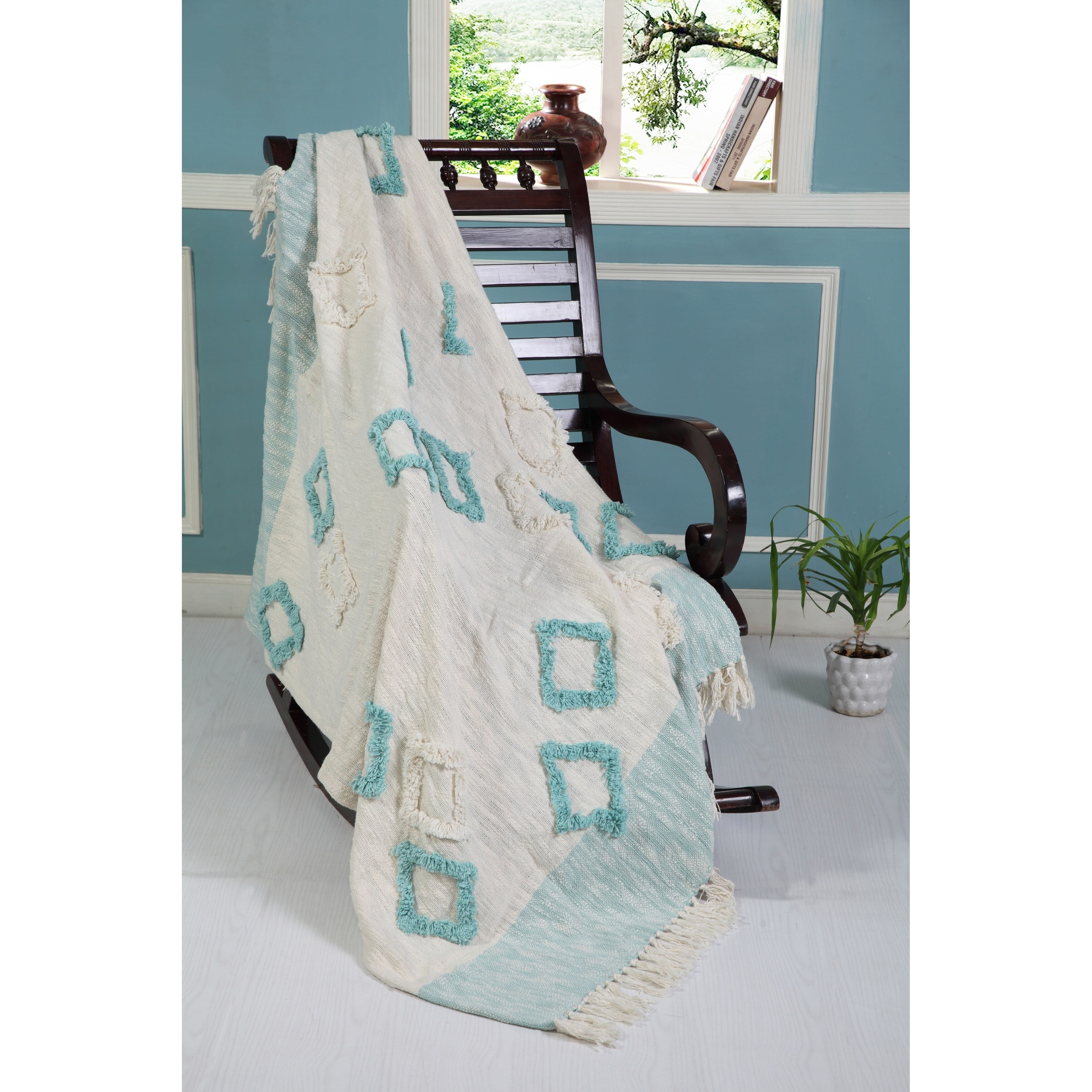 LR Home Sky Blue Diamond Ultra-Soft Shag with Fringe Throw Blanket, 50" x 60"