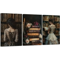 Hieng 3 Pieces Woman Reading Wall Art Moody Book Flowers Pictures Vintage Women Canvas Prints Victorian Lady Paintings Gothic Artwork for Library Decor Unframed