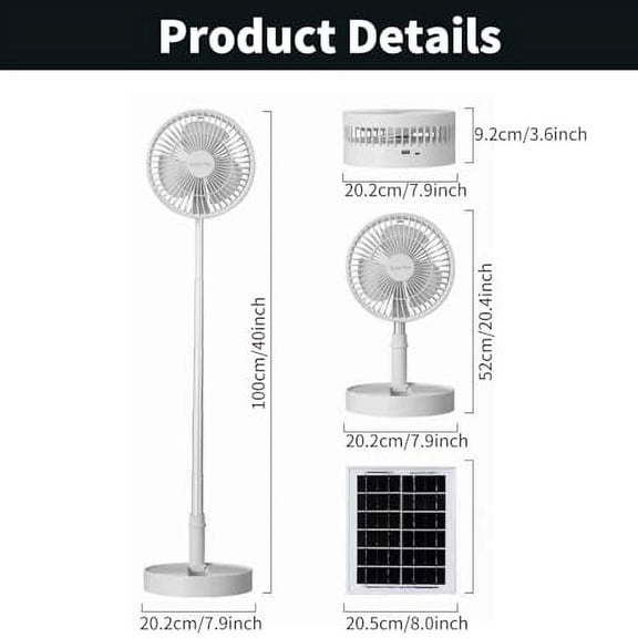 Solar Powered Outdoor Fan, Rechargeable Foldable Desk Fan with Solar Panel Battery Operated Pedestal 3 Speeds Quiet Height Adjustable Floor Fan for Home, Bedroom, Travel