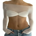 thumbnail image 3 of Women Off Shoulder Long Sleeve Top Mesh Ruched Slim Fit Crop T Shirt Sheer Blouse, 3 of 6
