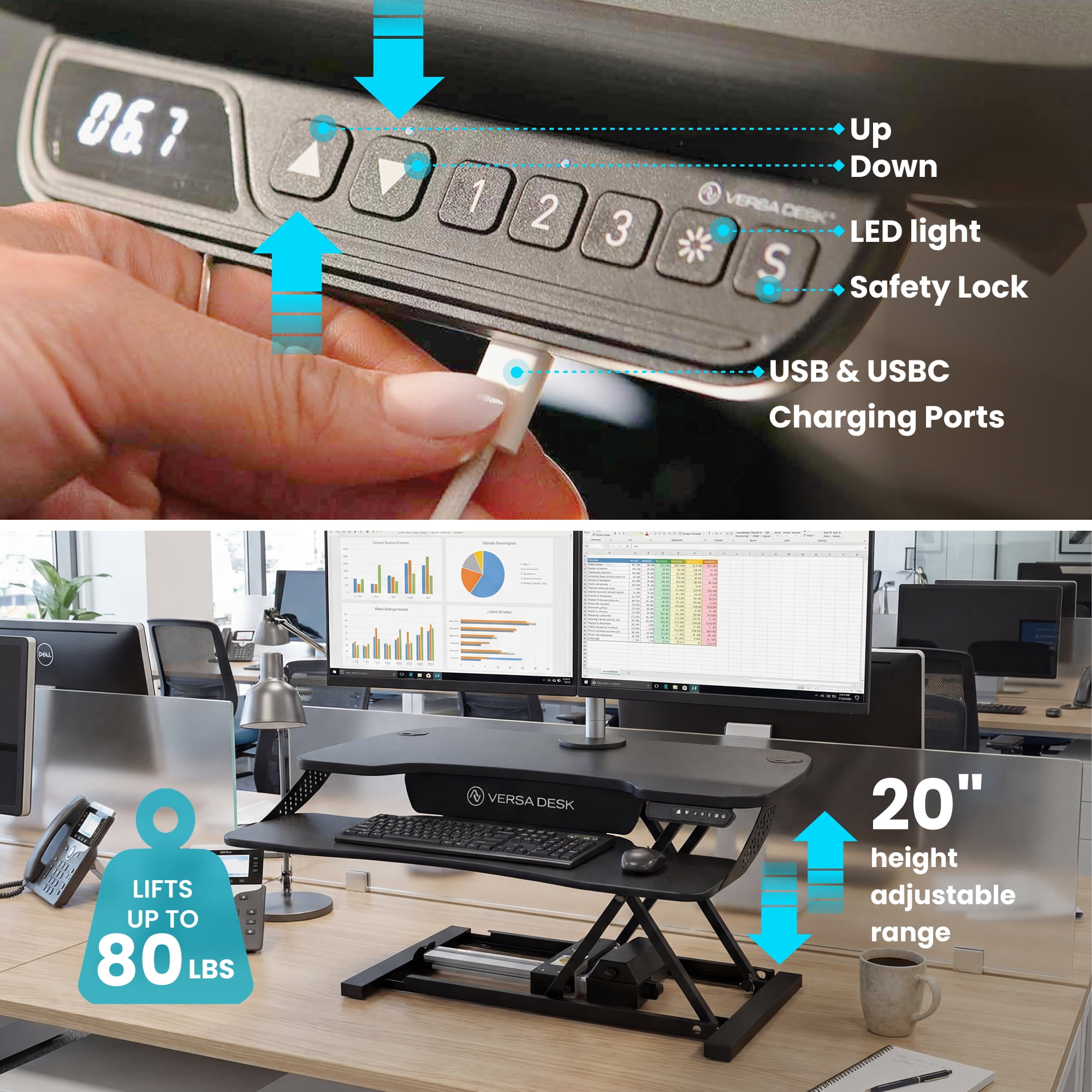 VersaDesk PowerPro Elite 40" Electric Standing Desk Converter w/ Programmable Switch, USB Port & Mobile APP, Black