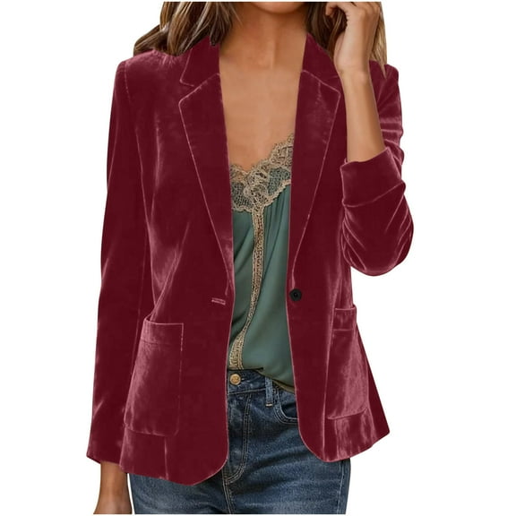 ZQUUVOU Women's Plain Velvet Blazer Notch Collar One Button Business Casual Suit Jacket with Pocket Tailored Outerwear Burgundy