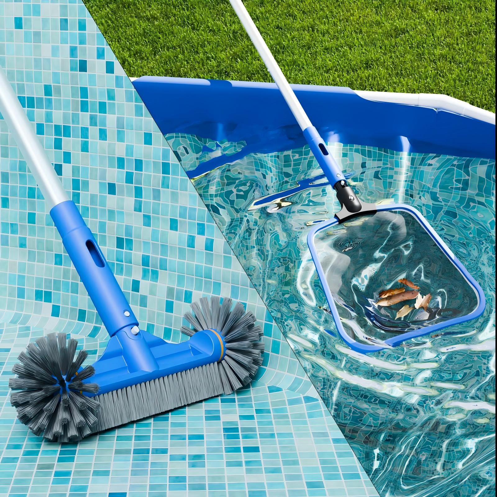 WaterJingle 3-in-1 Pool Cleaning Kit with 70.5" Adjustable Pole, Semi-Deep Skimmer Net & 12" Round Brush - Heavy Duty Maintenance Set for Above Ground Pools