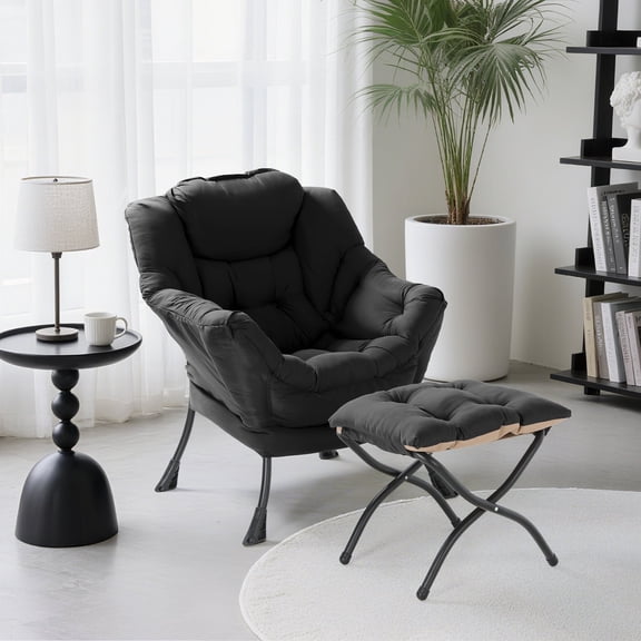Pirecart Reading Chair, Accent Chair Oversized Comfy Lazy Chair, Modern Comfy Lounge Chair with Foldable Ottoman and Side Pocket for Living Room, Bedroom, Office, Black