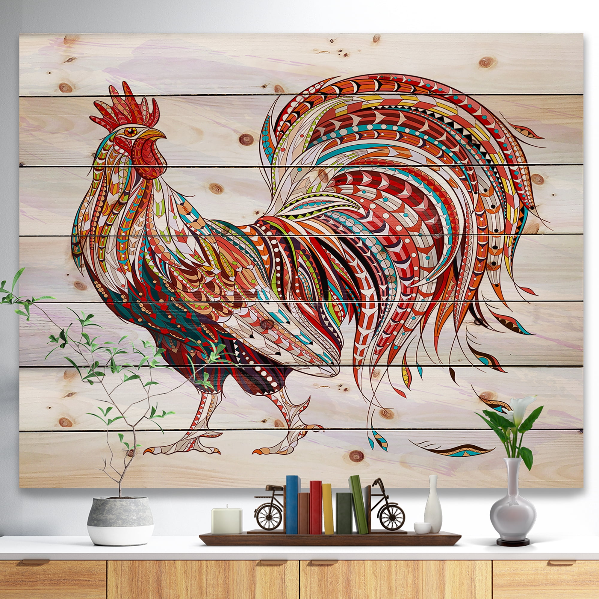 Designart 'Patterned rooster Symbol of chinese new year' Farmhouse Animals of Painting Print on Natural Pine Wood