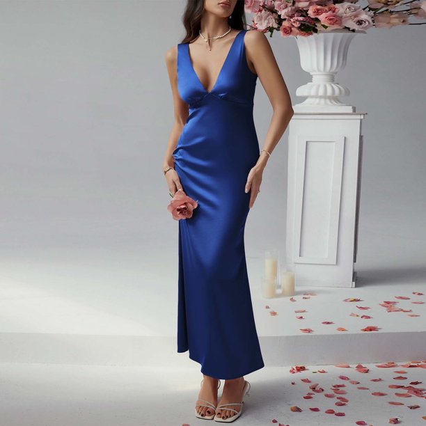 WILLBEST Vestido De Noche Para Mujer, Belleza, De Color Sólido, Ajustado, Con Escote En V Profundo Y Espalda Descubierta, Falda Larga