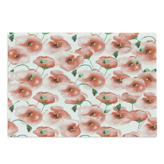 Flower Cutting Board, Poppies Pattern Twigs Bouquet Ornament Soft Color Classic Design Art, Decorative Tempered Glass Cutting and Serving Board, Large Size, Scarlet and Green, by Ambesonne