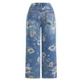 thumbnail image 5 of Straight Leg Jeans for Women Floral Print High Waisted Stretchy Loose Fit Tummy Control Denim Pants with Pockets Lightweight Casual Trousers, 5 of 6