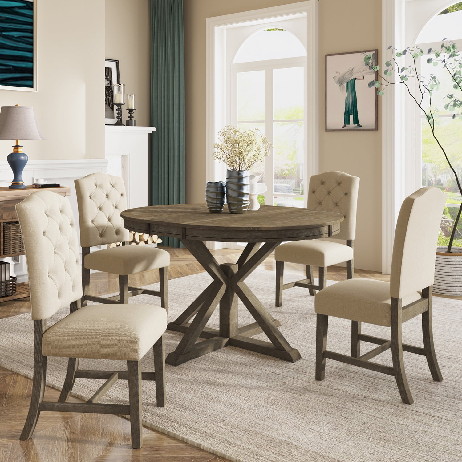 Kadyn 5 Piece Dining Set, Dining Table Set with Extendable Table and 4 Upholstered Chairs, Wood Kitchen Dining Set for 4, Natural Kadyn 5 Piece Dining Set, Dining Table Set with Extendable Table and 4 Upholstered Chairs, Wood Kitchen Dining Set for 4, Natural
