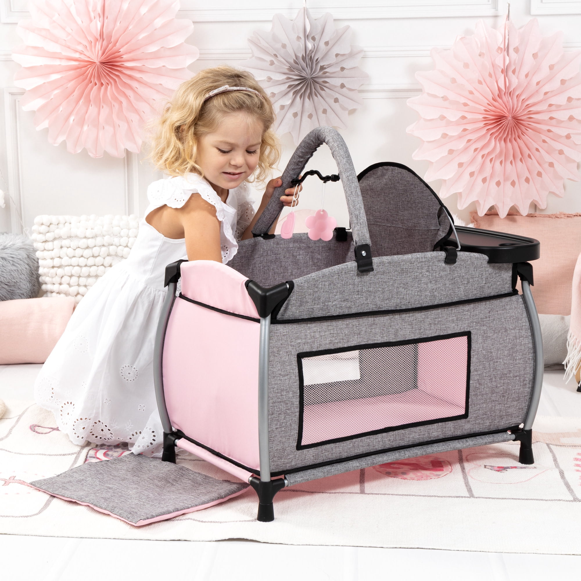 Bayer Design: Doll Multi-Bed - Grey-Pink-Butterfly - Sleep Playpen, Built-In Feeding Highchair, Pillow-Blanket, Care Center Fits 18" Dolls, Kids 3+