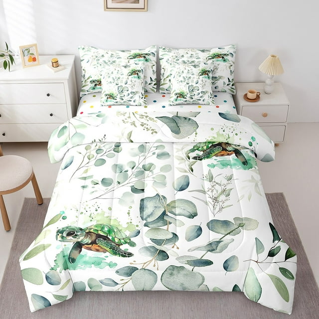 YST Cartoon Sea Turtle Twin Comforter Set 7 Pieces Ocean Wildlife Bedding Comforter Sets, Spring Bed in a Bag Eucalyptus Leaf Bedding Set, Marine Animal Theme Bed Sheets Set Kids Room Decor