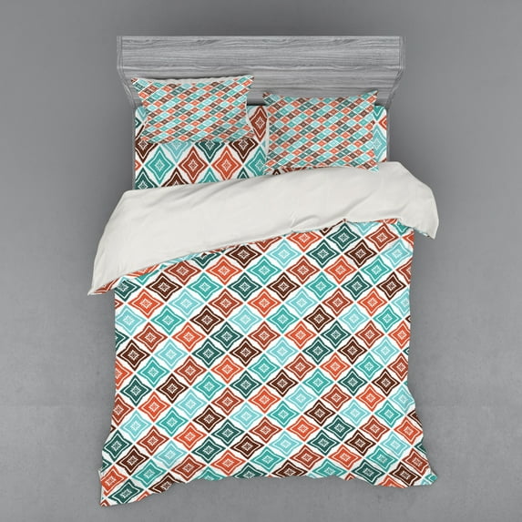 Grunge Duvet Cover Set, Hand Drawn Style Mosaic Weathered Motifs Bohemian Shapes in Pastel Retro Colors, Bedding Set with Shams and Fitted Sheet, 3 Sizes, by Ambesonne
