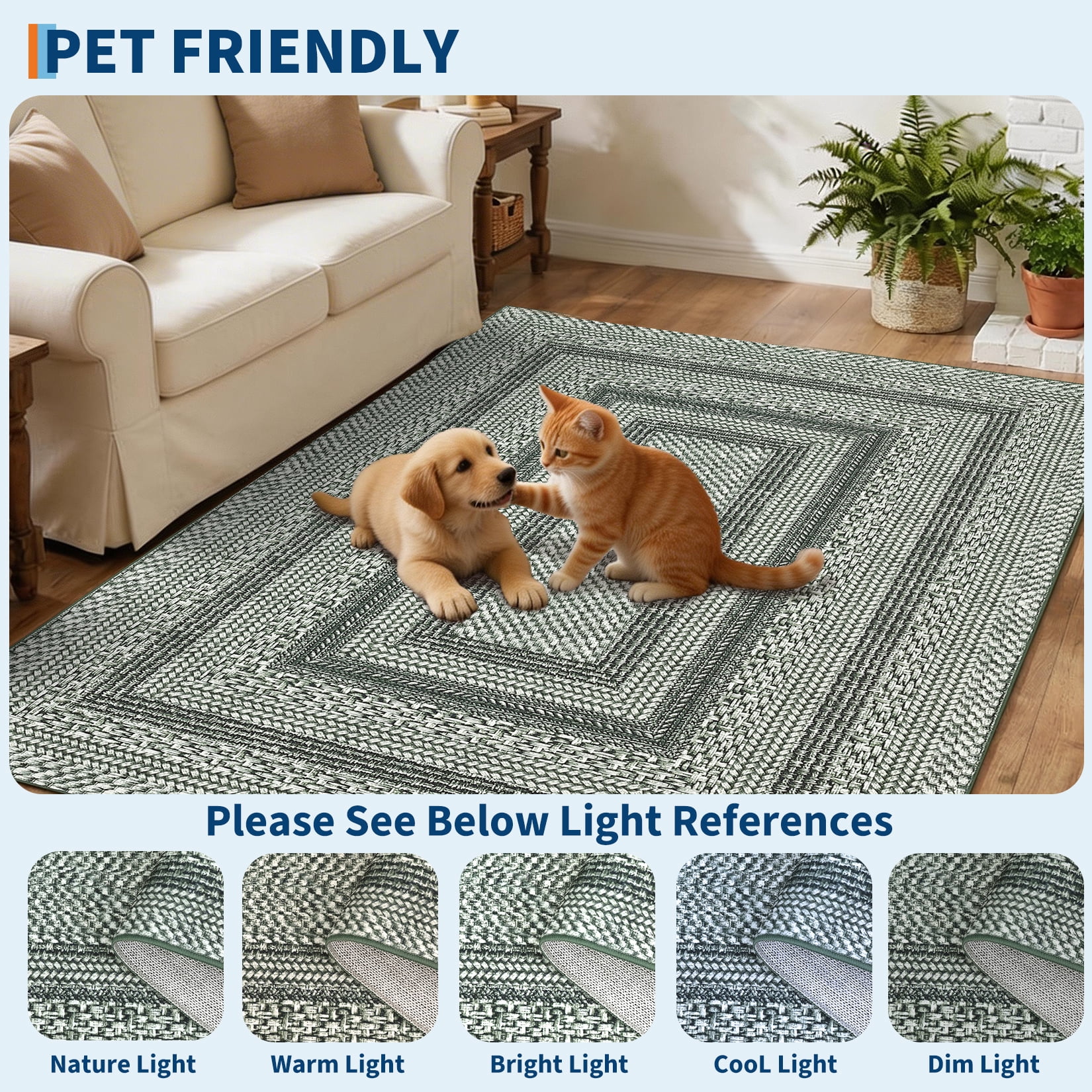 HIWEAVER Green Foldable Area Rug for Living Room 4' x 6' Washable Bordered Digital Printed Geometric Indoor Carpet Decor
