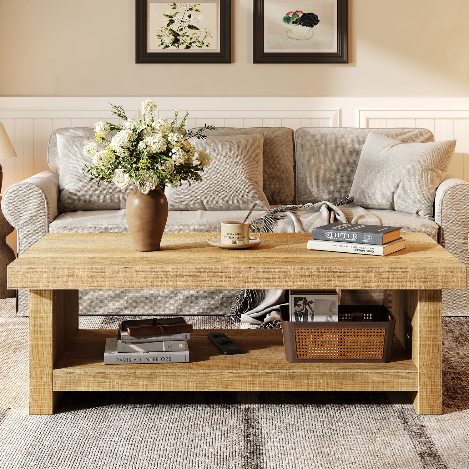 47" Rectangle Farmhouse Coffee Table, 2-Tier Storage Center Tables, Wooden Rectangular Table, Low Cocktail Tea Table for Living Room, Thick & Sturdy Base, Easy Assembly, Natural
