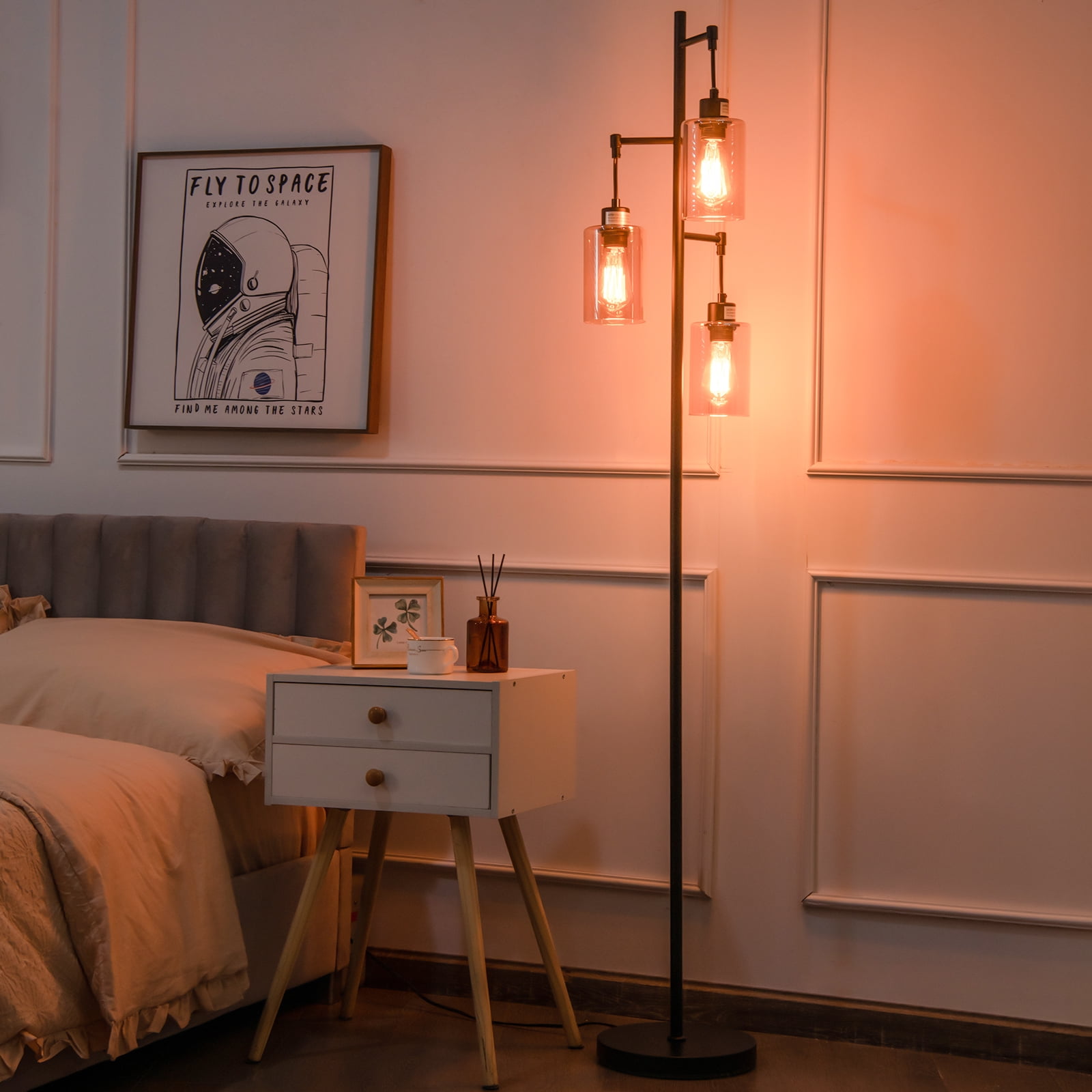 Giantex 3-Light Floor Lamp, Tall Floor Lamp w/Round Base, Rustic Standing Lamp