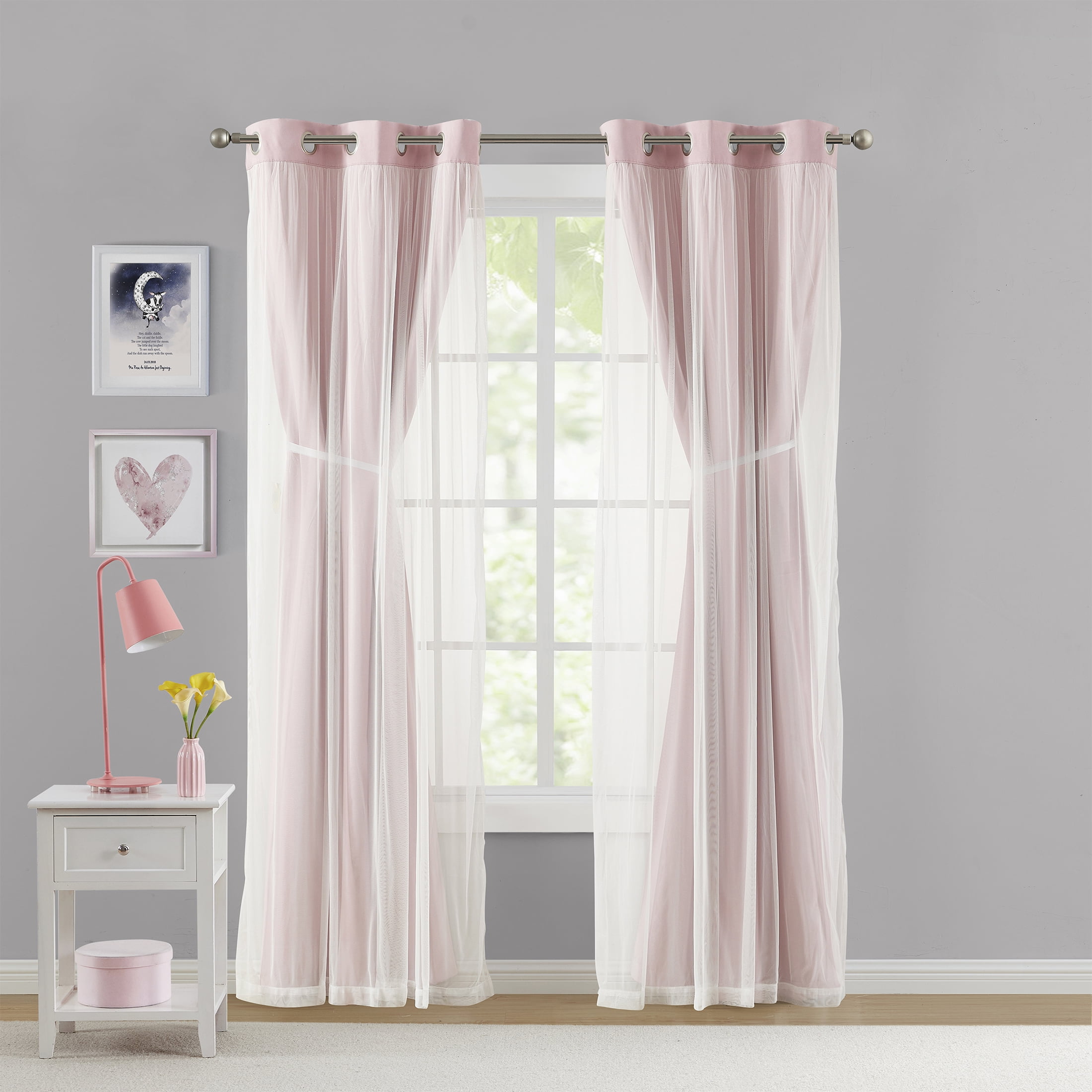 Your Zone Blackout Curtain Panel with Sheer Overlay, 1 Panel, Pink, 37" W x 95" L