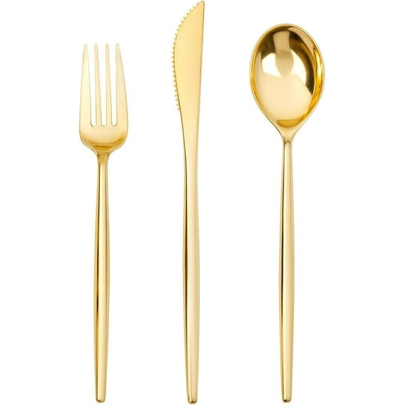 160 Piece Elegant Gold Plastic Cutlery Set, Heavy Duty Disposable Utensils for Wedding & Party, Includes 55 Forks, 55 Knives, 55 Spoons