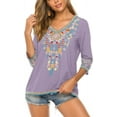 thumbnail image 4 of Higustar Womens Plus Size Tops 3/4 Sleeve V Neck Tunic Shirts Casual Floral Embroidered Loose Summer Fall Blouses Mexican Peasant Cotton Rayon Shirts-054-Light Purple/H-S, 4 of 12