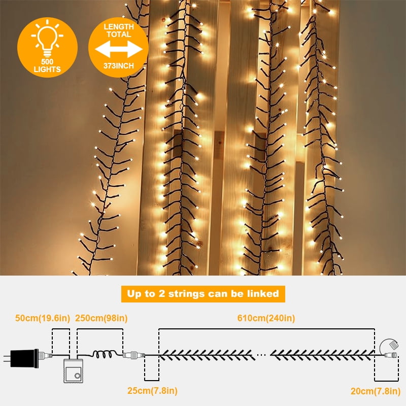 LAMPHOME 500 LED String Lights Cluster Lights - 31ft warmwhite Outdoor Waterproof Lights, Plug in Indoor String Lights with 10 Modes & Timer Memory, Twinkle String Lights for Xmas, Christmas Tree