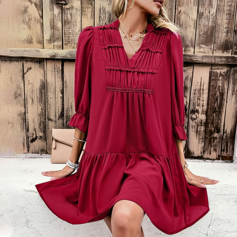 3/4 Sleeve Ruffle V Neck Spring Summer Dress Tiered Tea