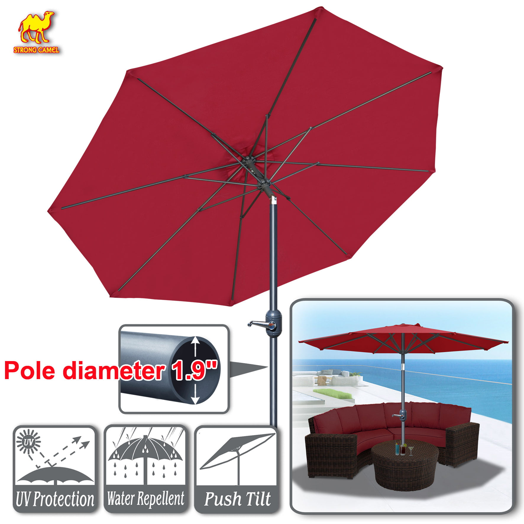 Strong Camel Patio Umbrella 10' with Tilt and Crank 8 Ribs Outdoor Garden Market Parasol