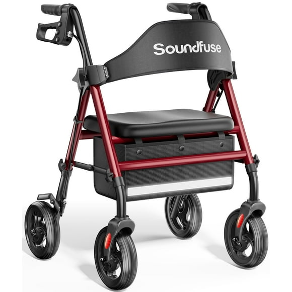 Andador con ruedas Soundfuse con asiento para personas mayores, plegable, con ruedas grandes de 8", todoterreno, asas y asiento ergonómico de altura ajustable, 169 kg (350 lb), compatible con FSA y HS