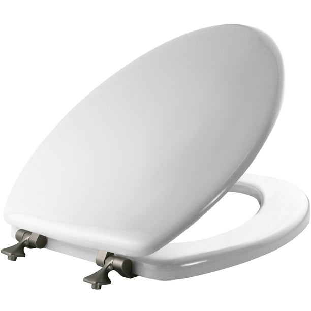Mayfair Elongated Enameled Wood Toilet Seat in White with Brushed