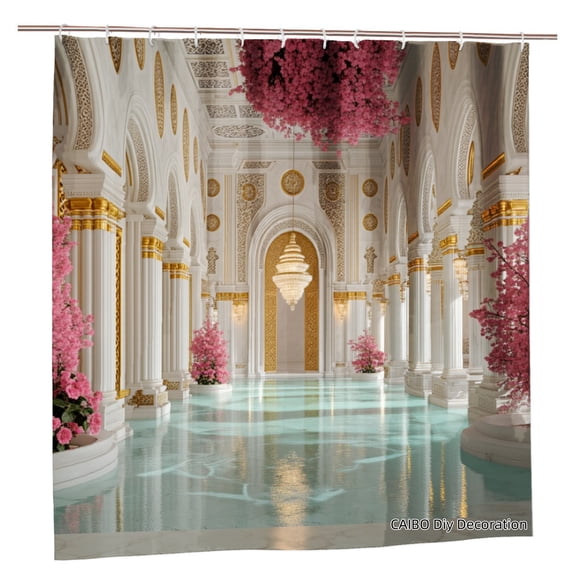 Joocen Polyester Shower Curtain Grand Hall With Pink Flowers And Golden Columns For Home Bathroom Bath Tub Decoration 72x72 inch