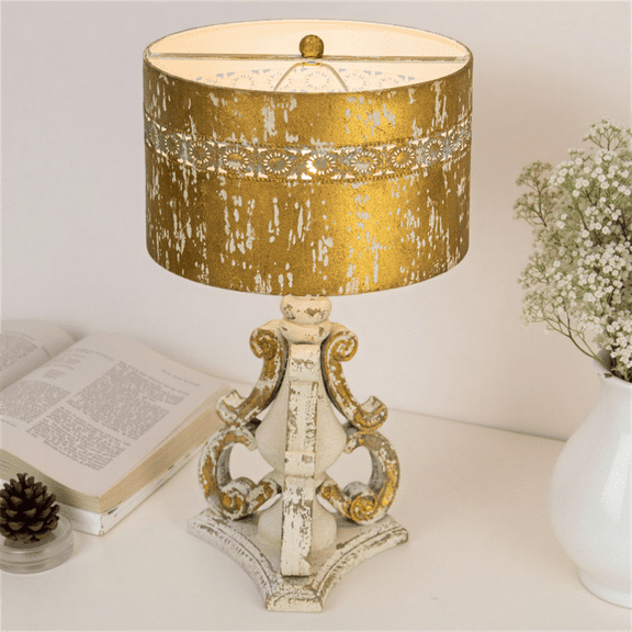 Rustic Vintage Table Lamp with Distressed Finish, 24.80" tall, Gold and White Home Decor Light, 1pc
