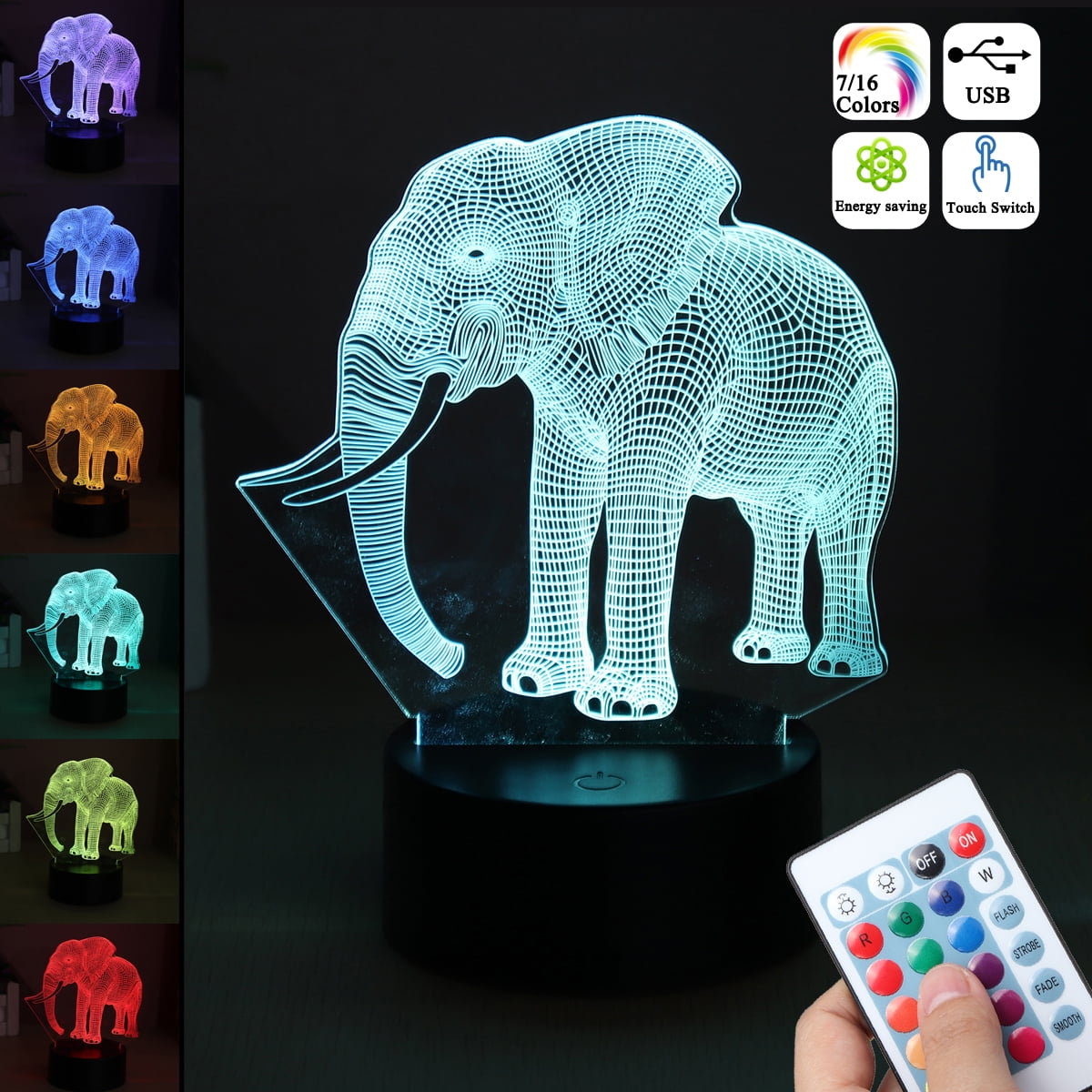 3D LED Illusion Novelty Lights Elephant Pattern Table Lamp 7 Colors USB lamp 
