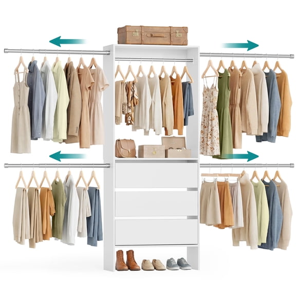 SONGMICS Closet System, Customizable Walk-In Closet Organizer System with Adjustable Hanging Rods and Drawers, White, Fits Spaces 6.5-10.2 ft