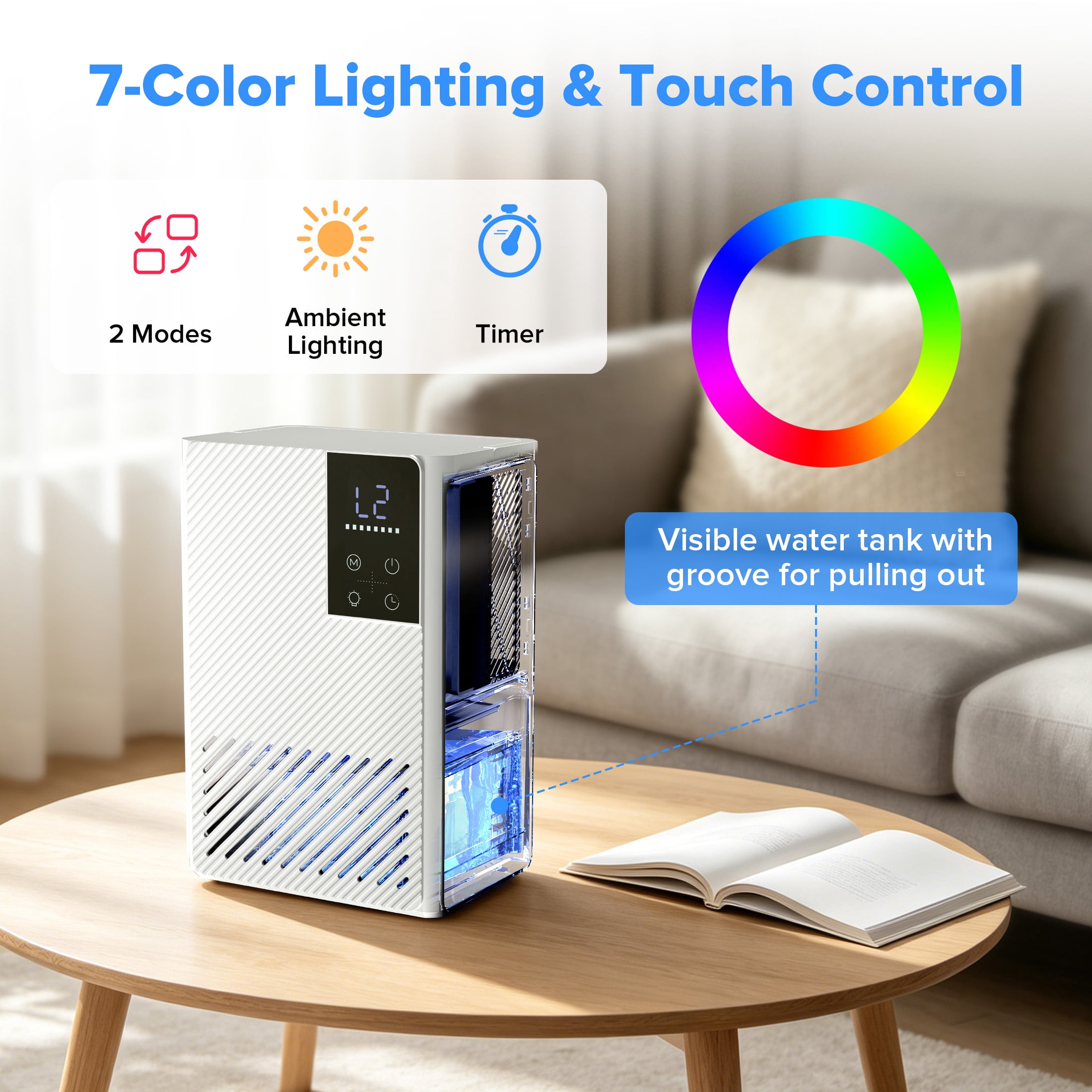 KISSAIR Dehumidifier for Home, 67oz Large Tank, Quiet Sleep Mode, 24H Timer, Auto Shut Off, 7 Color LED Light for Bedroom Bathroom Basement