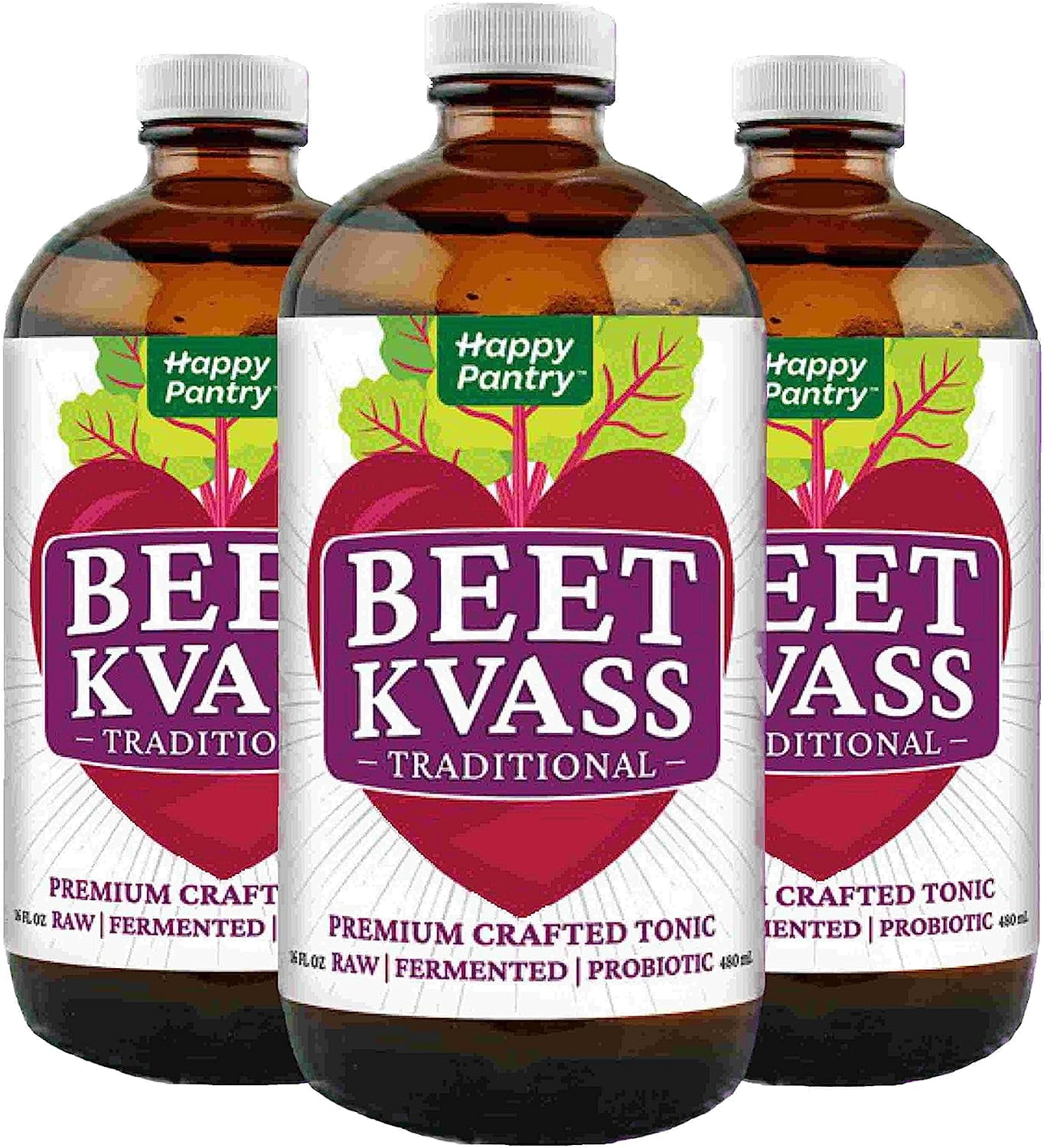 Traditional Beet Kvass Tonic, 48oz (3 x 16oz Glass Amber Bottles) Beet
