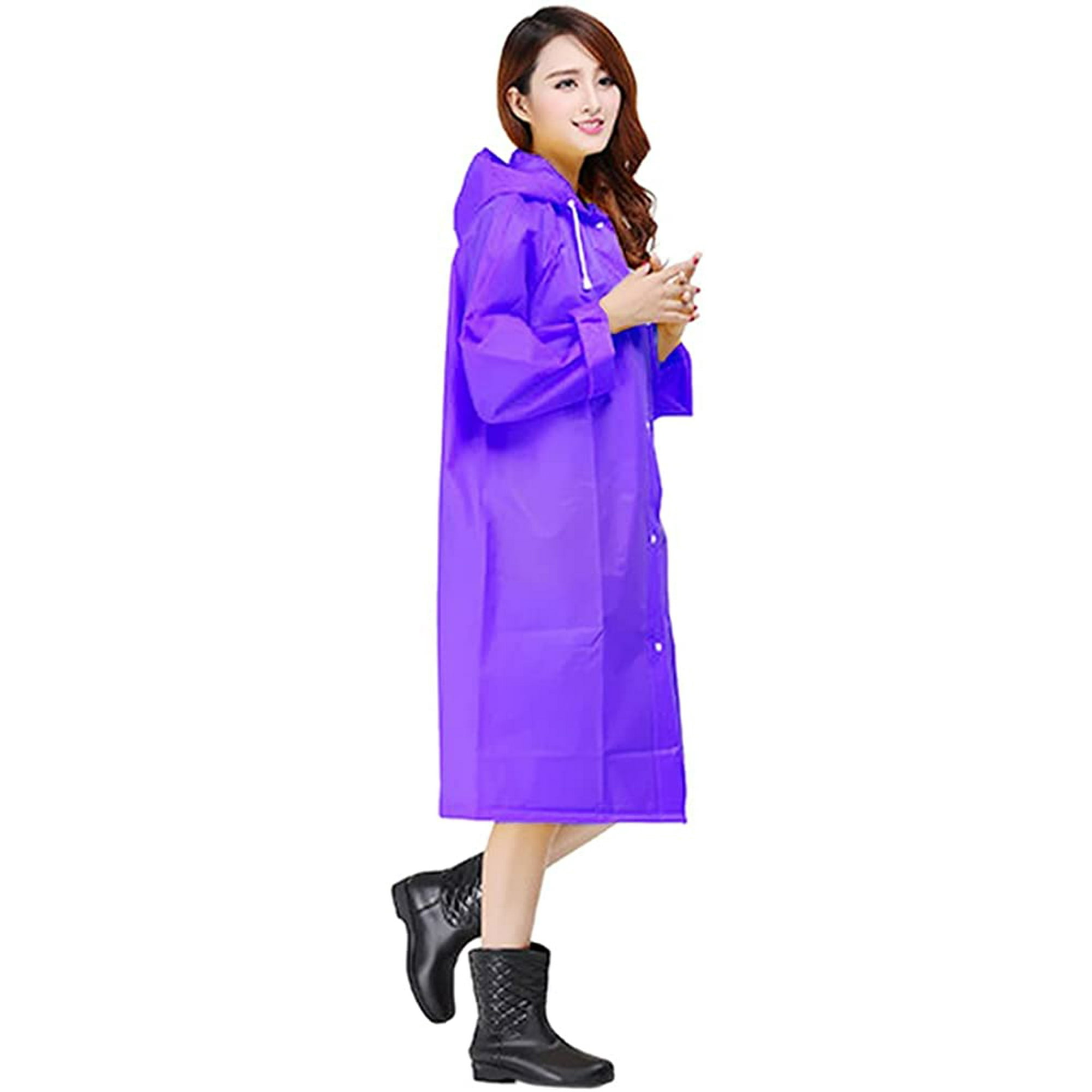 Ffiy Womens Girls Long Raincoat Travel Packable Windbreaker Hooded Rain Jacket Coat Purple