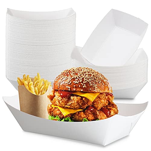 Fit Meal Prep [125 Pack 5 lb Paper Food Trays Heavy Duty Disposable Food Boats, White Nacho Tray for Parties Fairs Picnics Carnivals, Holds Hamburger Tacos Snack Fries, Grease Resistant