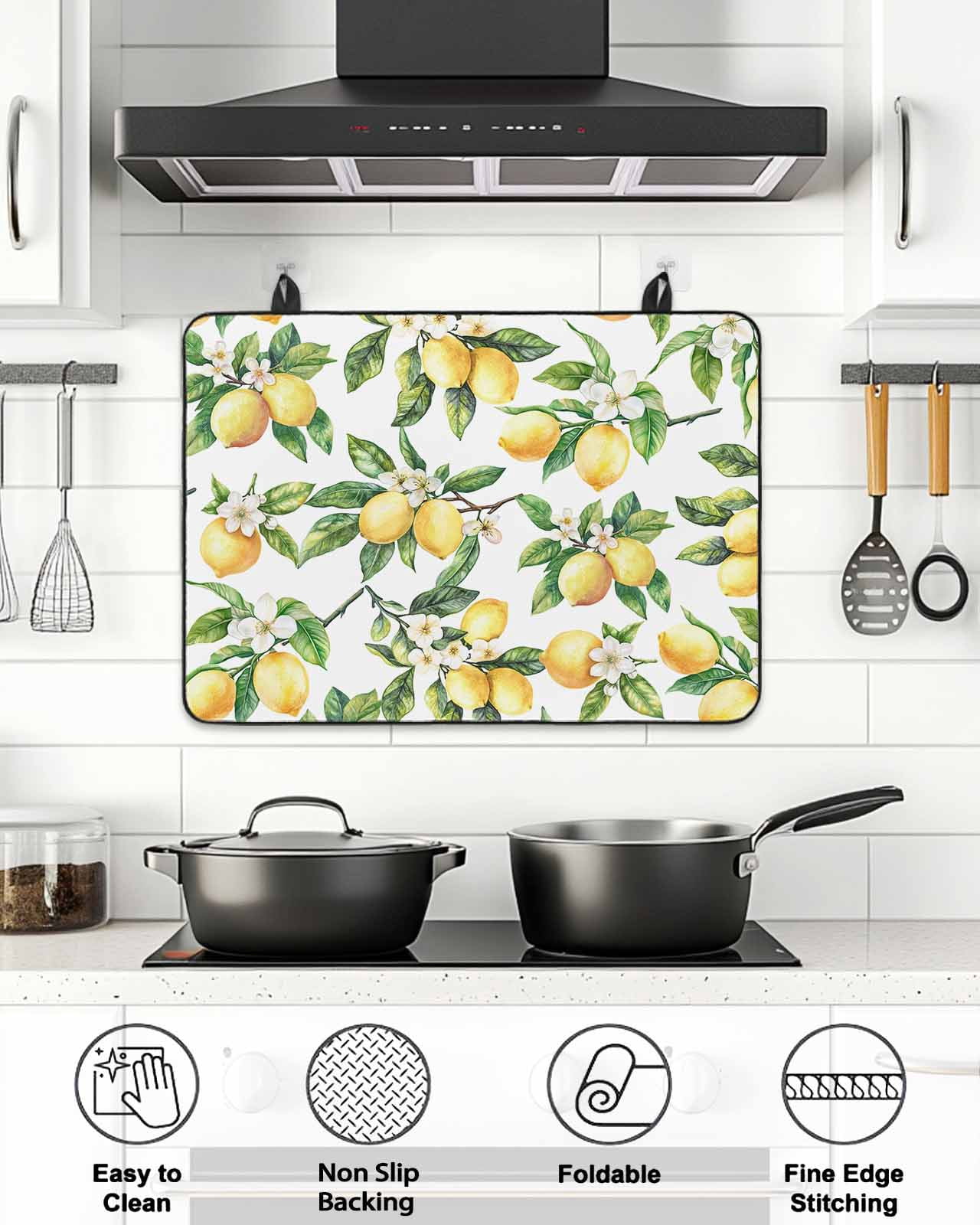 Stove Top Covers for Electric Stove, Yellow Lemon Glass Stovetop Cover Protector, Spring Summer Flower Green Leaf Plant Induction Cooktop Protector Oven Mat for Kitchen Countertop 24"x21"