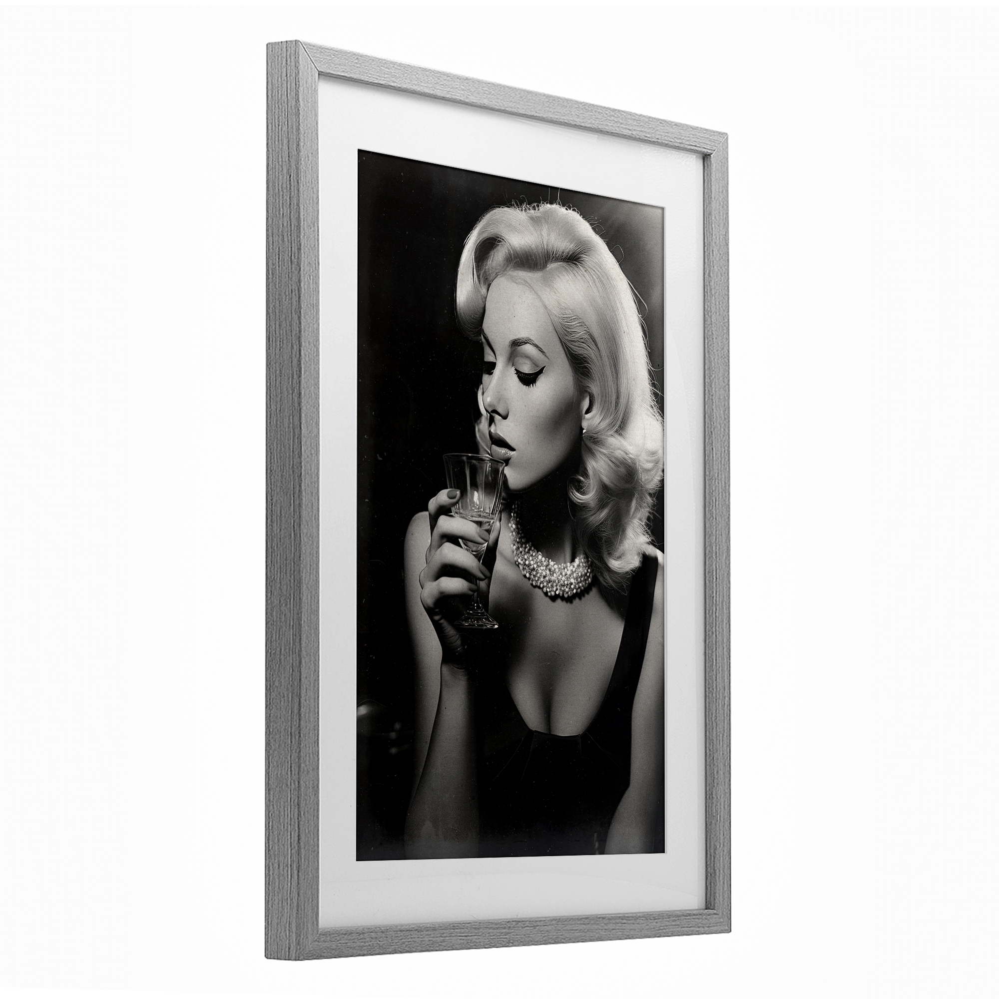 Classic Woman & Martini Gray Framed Print Under Glass, design by Decent Exposures