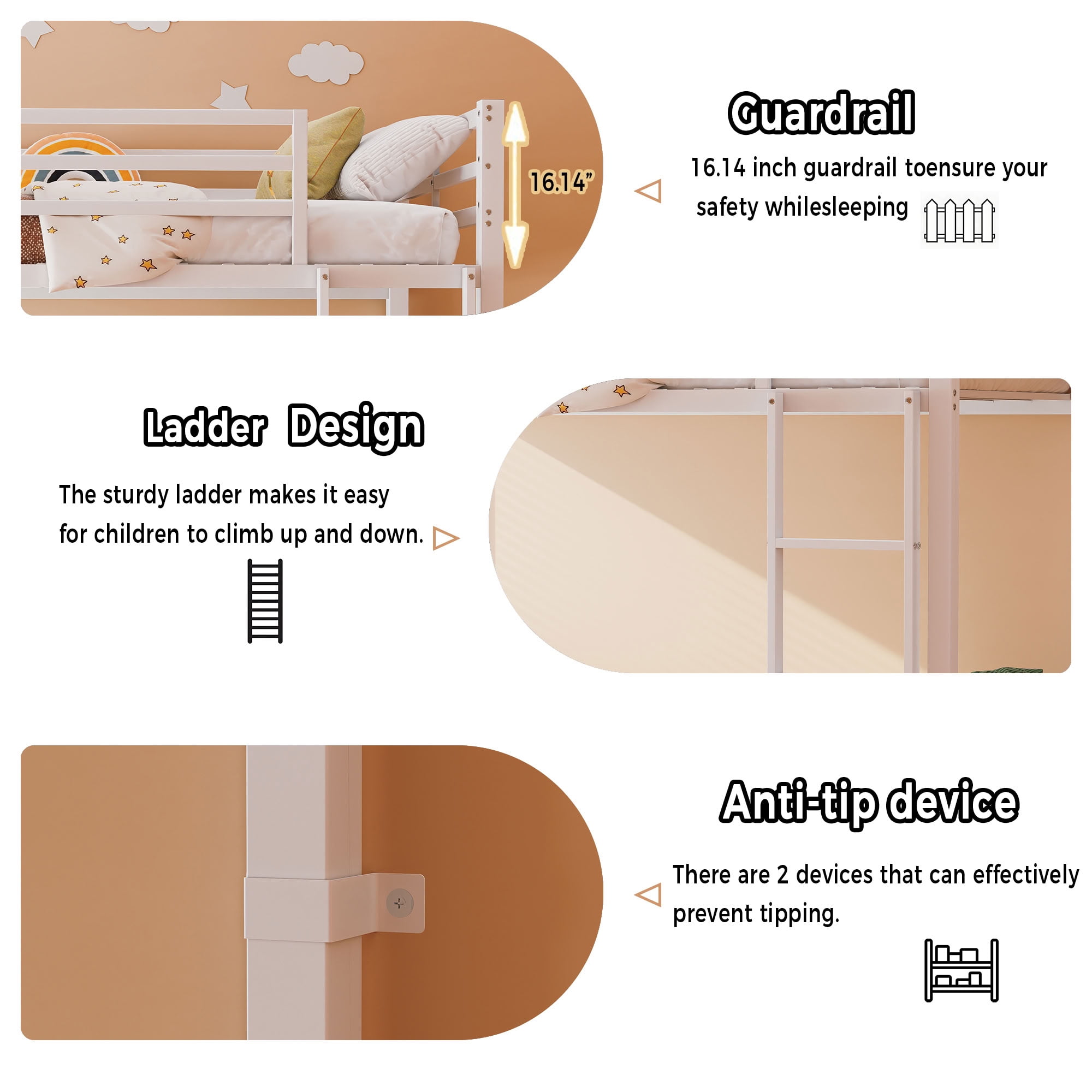 MAYEERTY Twin Over Twin Metal Bunk Bed with High Guardrail and Ladder, Heavy Duty Low Profile Bed Frame, for Kids Teens Adults Bedroom Dorm, No Box Spring Needed