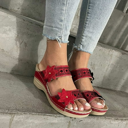 

amlbb Womens Sandals Thick Soled Women s Shoes Rhinestones Flowers Sandals Middle Heel Slippers Womens Platform Sandals