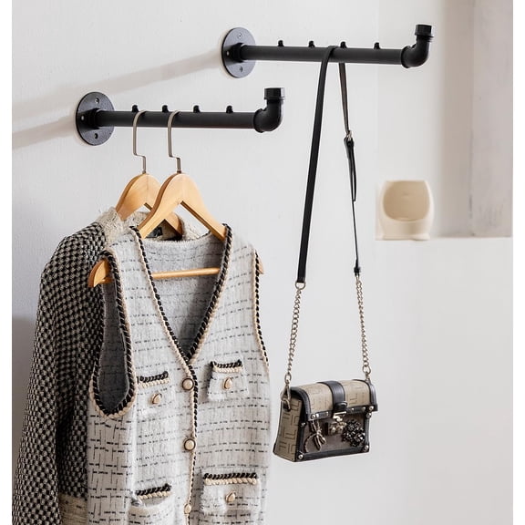 Industrial Wall Pipe Clothes Bar - Heavy Duty Metal Coat Hanger with Hook, Wall-Mounted Garment Holder Racks,Wall Clothing Racks/Hanging Rail, 2Pcs