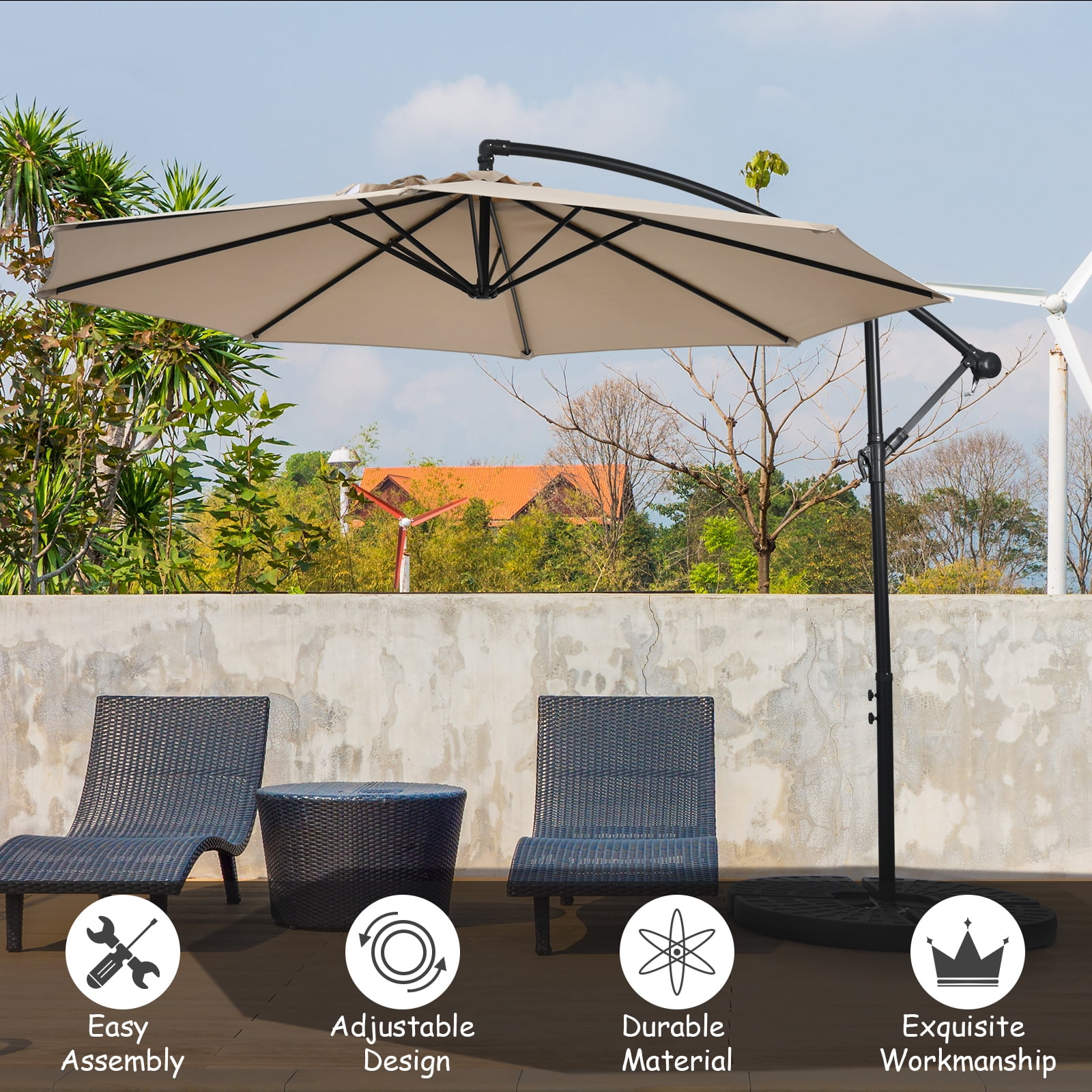 Patiojoy 10FT Patio Offset Umbrella 8 Ribs Cantilever Umbrella w/Crank for Poolside Yard Lawn Garden Beige