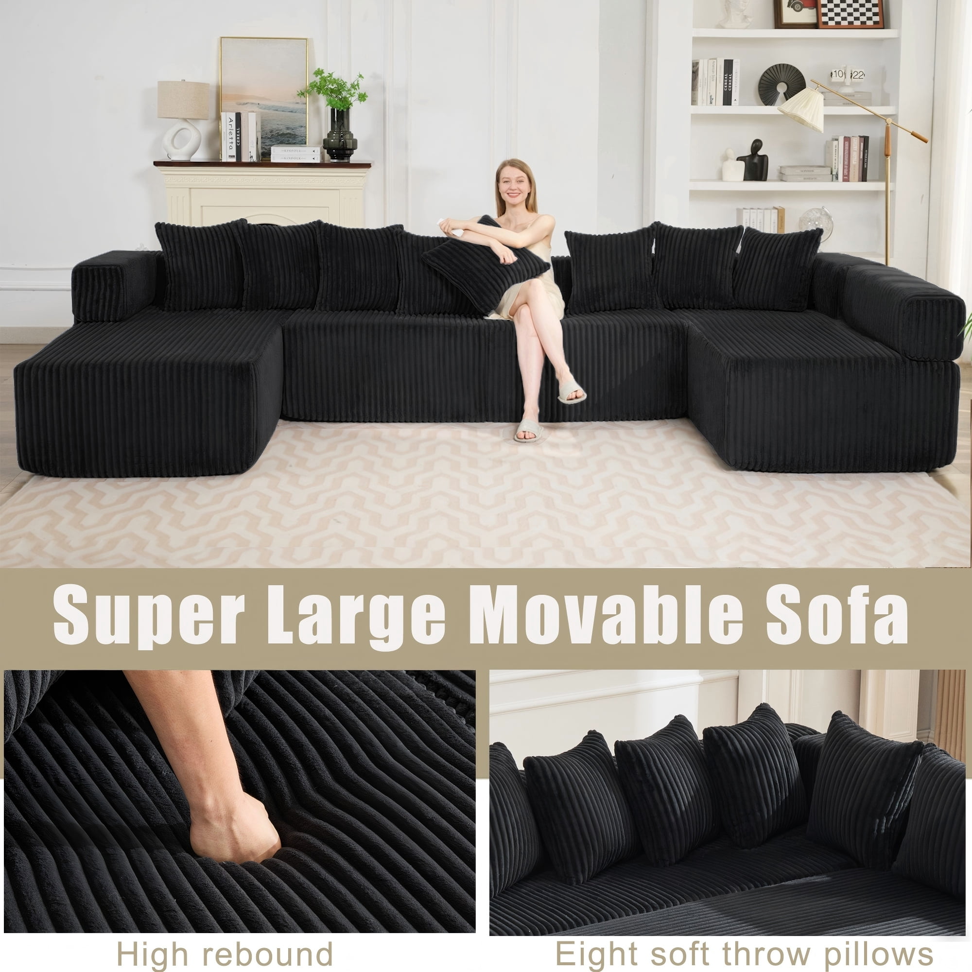 LLappuil 146" Sectional Sofa, U Shaped Sectional Couch with Chaise, 5 Seat Corduroy Sofa Convertible Sleeper Sofa Bed for Living Room Black