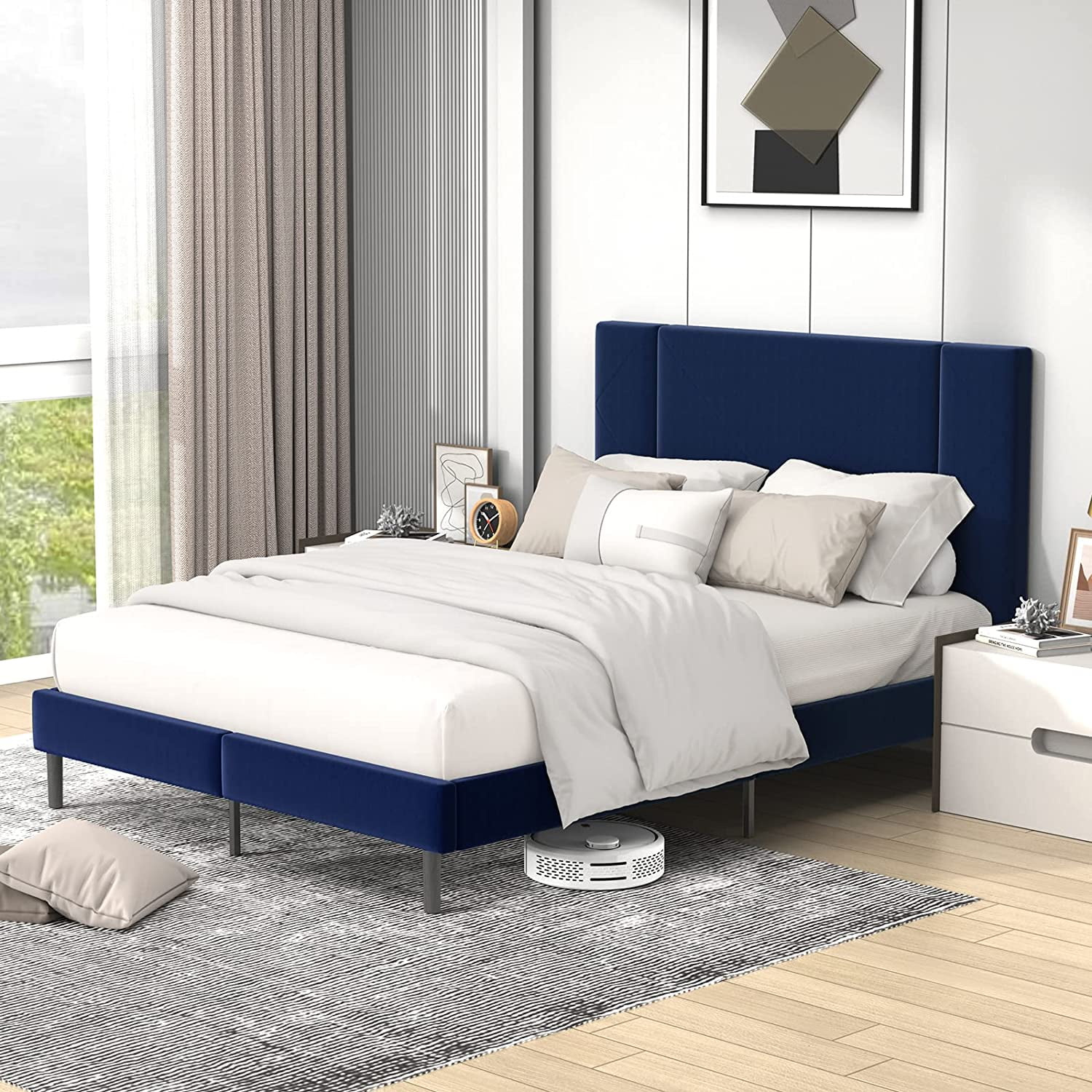 Flolinda Queen Bed Frame, Velvet Upholstered Bed Frame with Whole Headboard, Blue